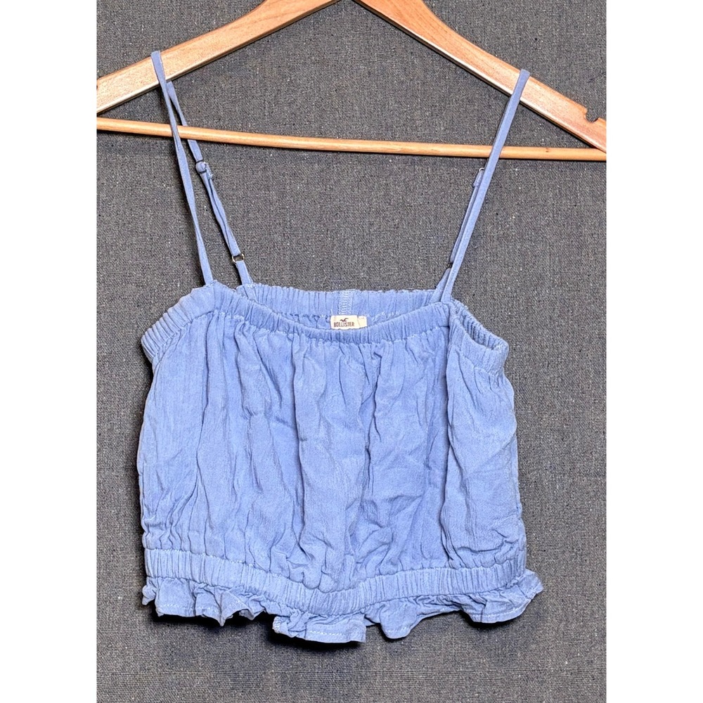 Hollister Women Blue Smocked Ruffle Hem Crop Cami Top Small Adjustable Straps